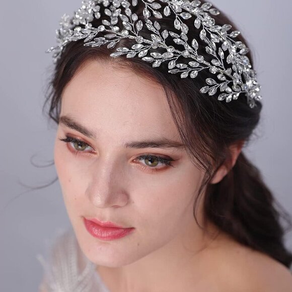 Wedding Tiara Headband for Women Crystal Handmade Queen Leaf Bridal Headband Hea - Picture 2 of 5